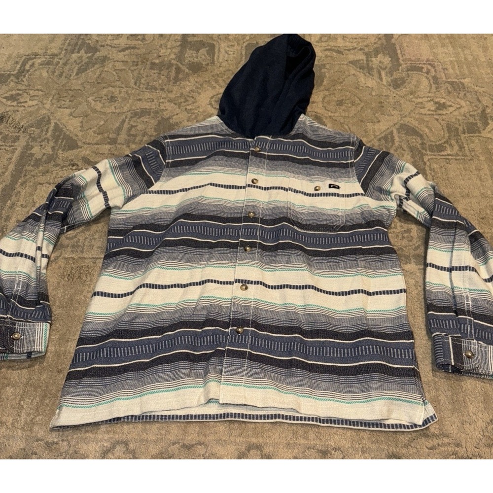Billabong Hooded Shirt‎ Jacket Button Up Hoodie Size Large Blue Stripe